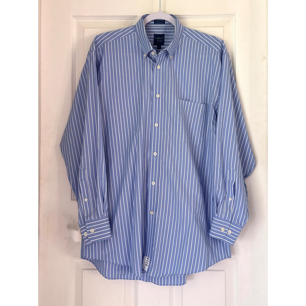 Haspel Dress Shirt Mens L Blue White Striped Excellent Non-Iron Cotton Button Up